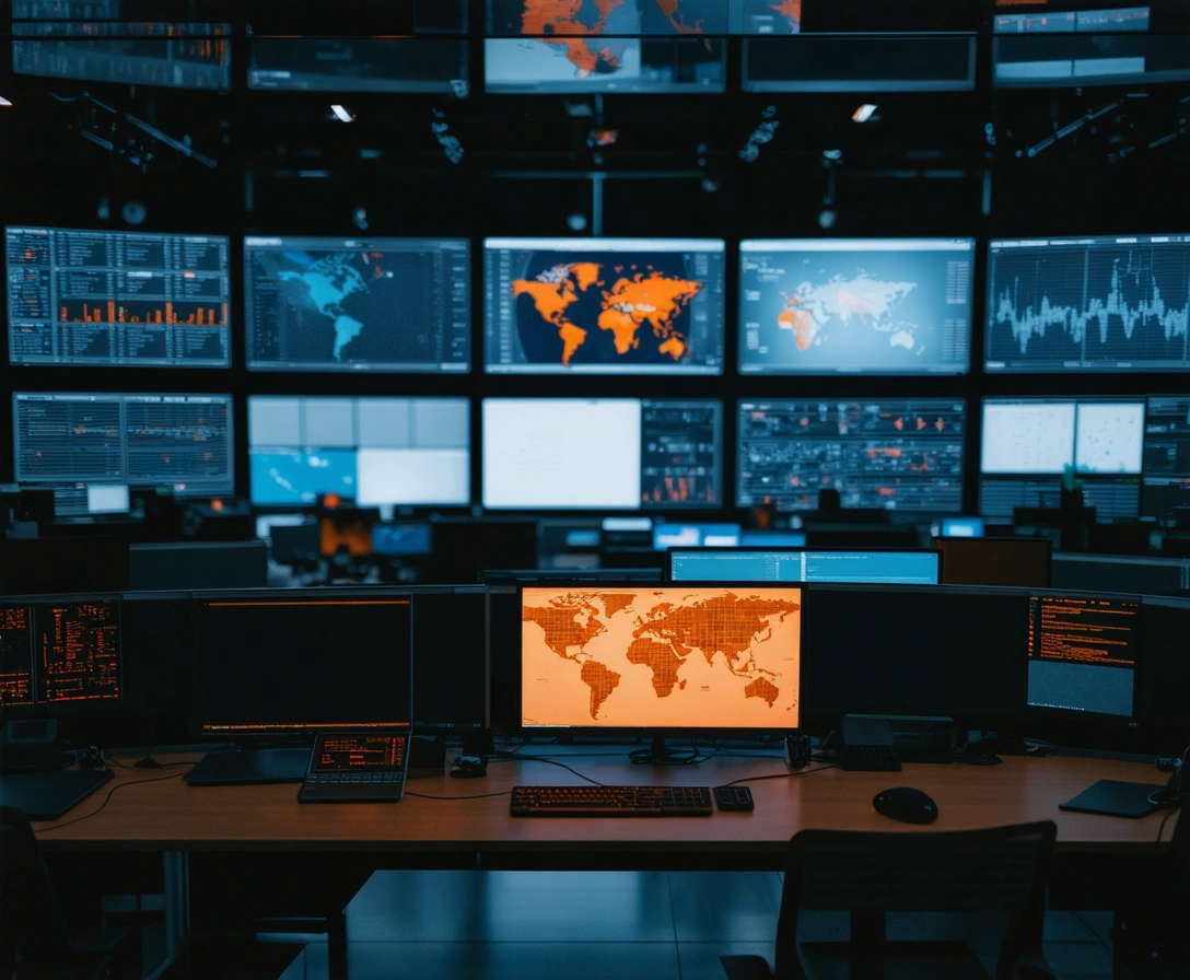 Glowing operations center with digital screens tracking system activity