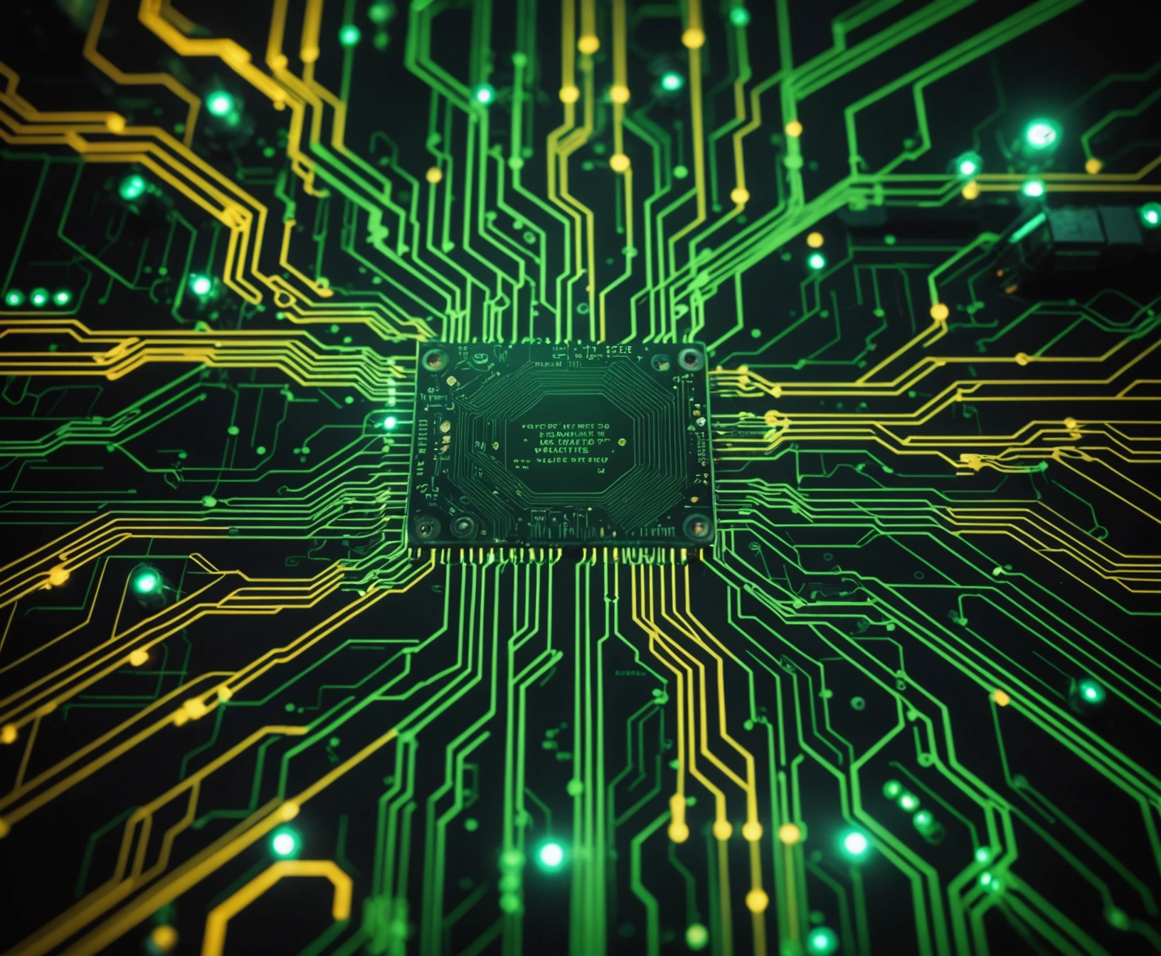 Neon circuit board and flowchart nodes on a dark green background