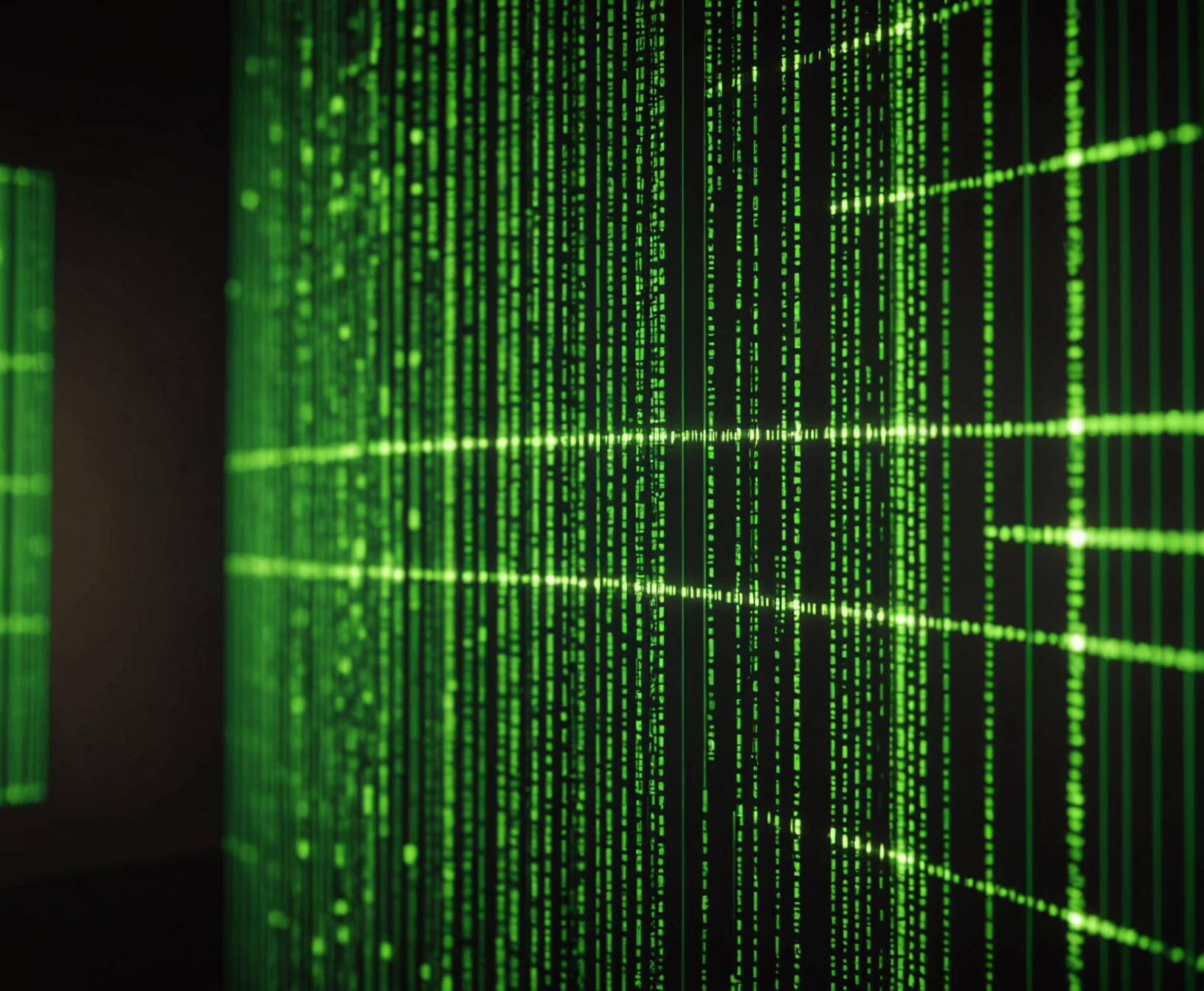 Glowing digital wall filtering incoming data streams on a dark background