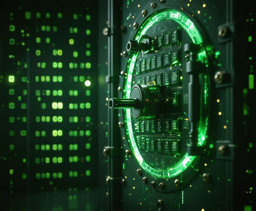 Pass Word Managers represented by a large neon lit vault