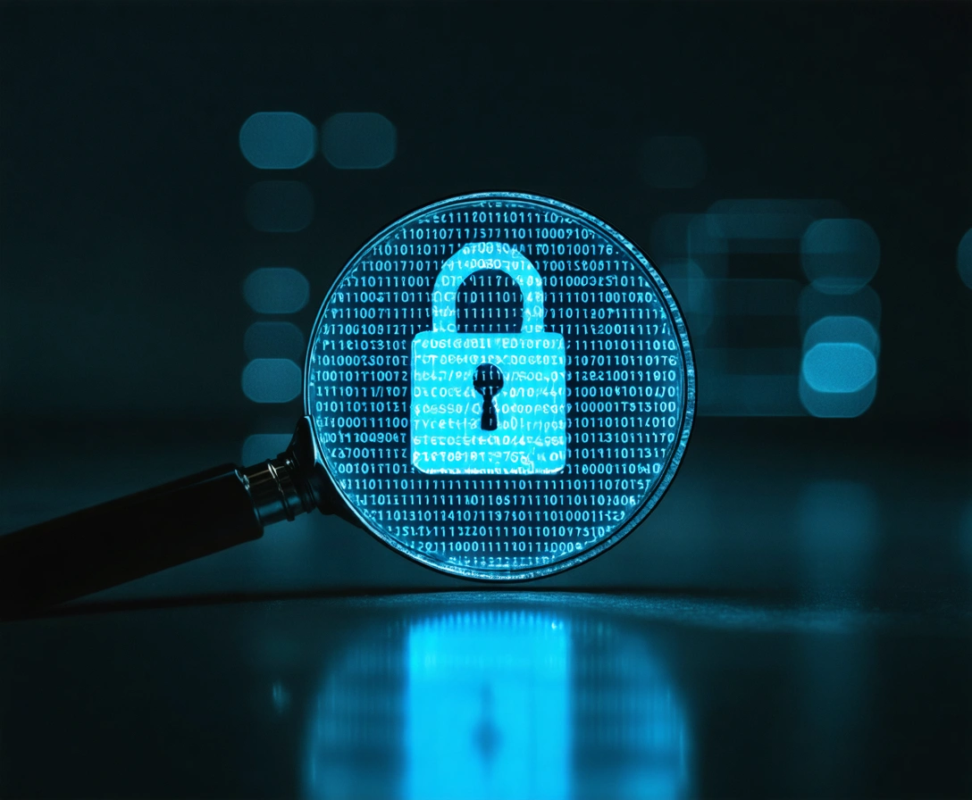 Password manager represented by a magnifying glass over binary number and a glowing lock