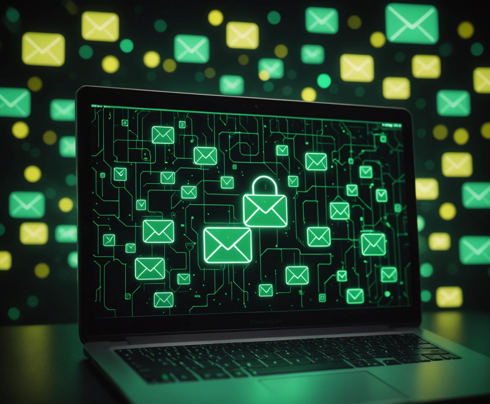 Neon digital shields blocking malicious messages in an email inbox