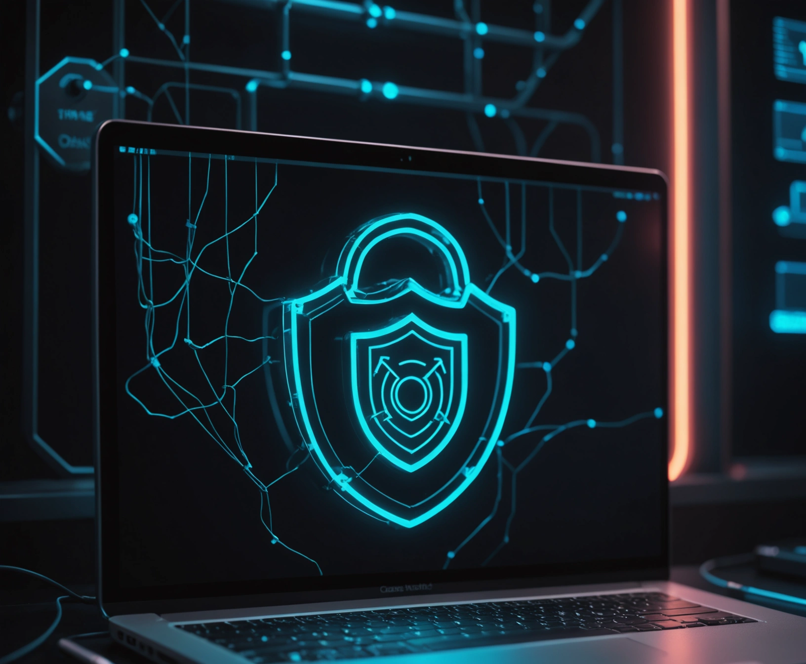 Neon shield blocking phishing hooks and malicious links from a secure inbox