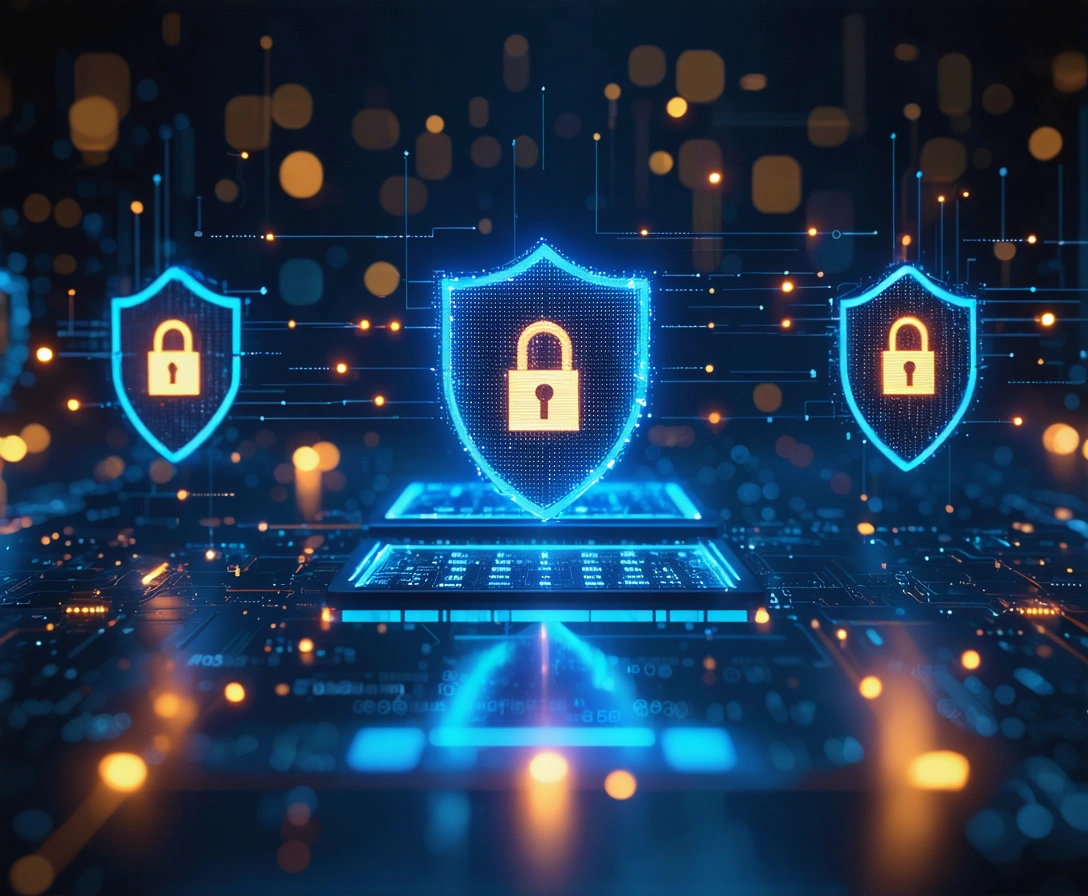 AI-driven digital shields scanning data streams on a dark background