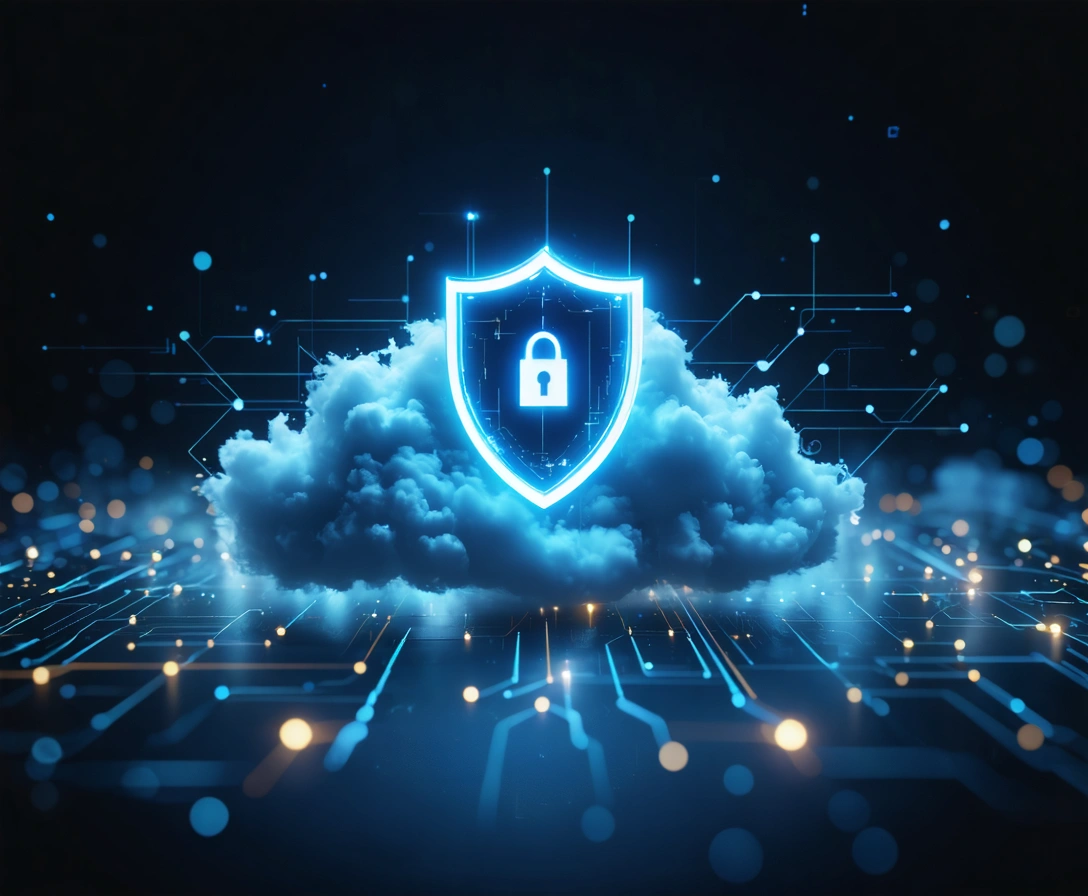 Glowing shield over a cloud with secure connection lines on dark background