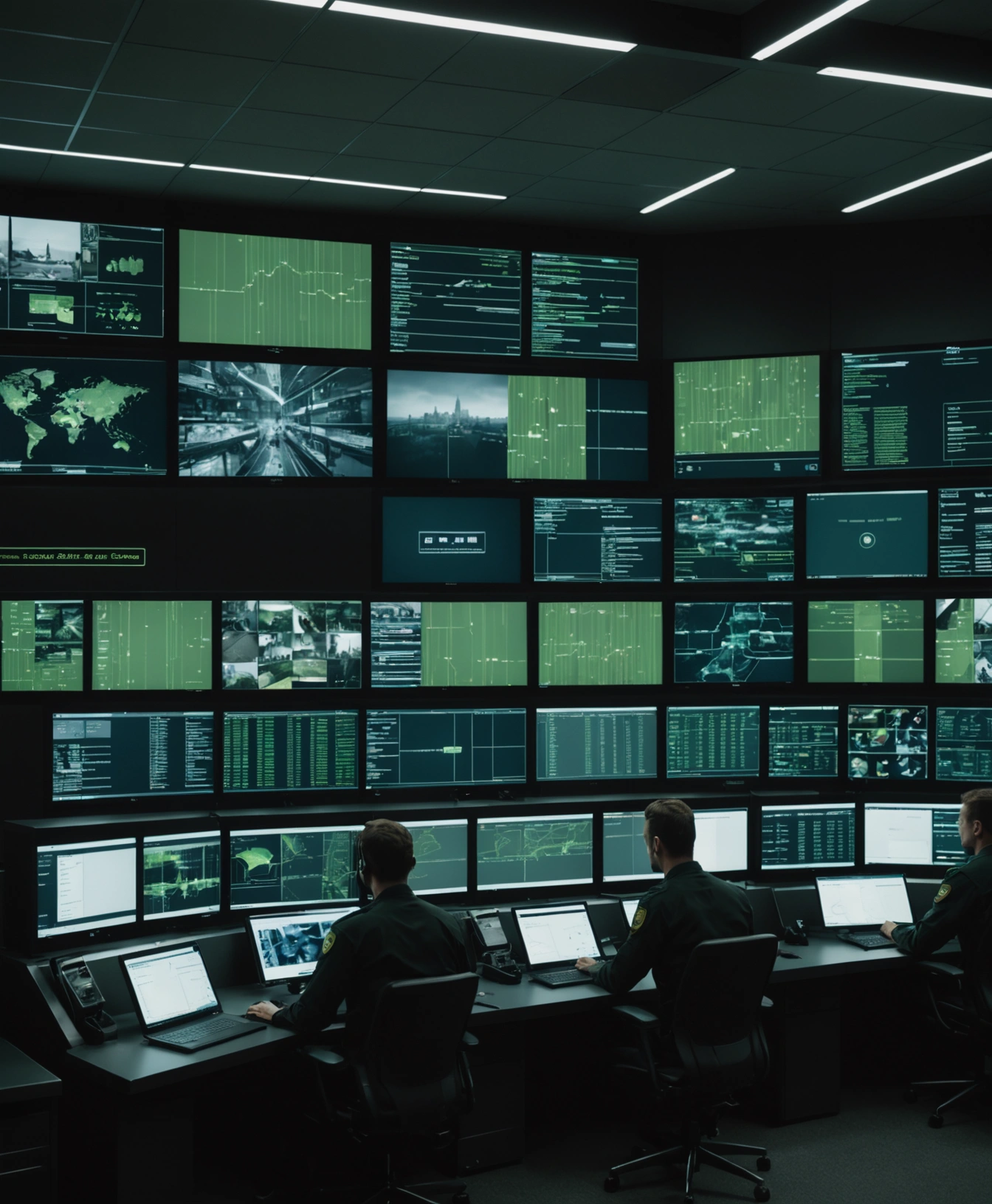 video-surveillance-p-1 Security operations center wall of monitors displaying AI analytics