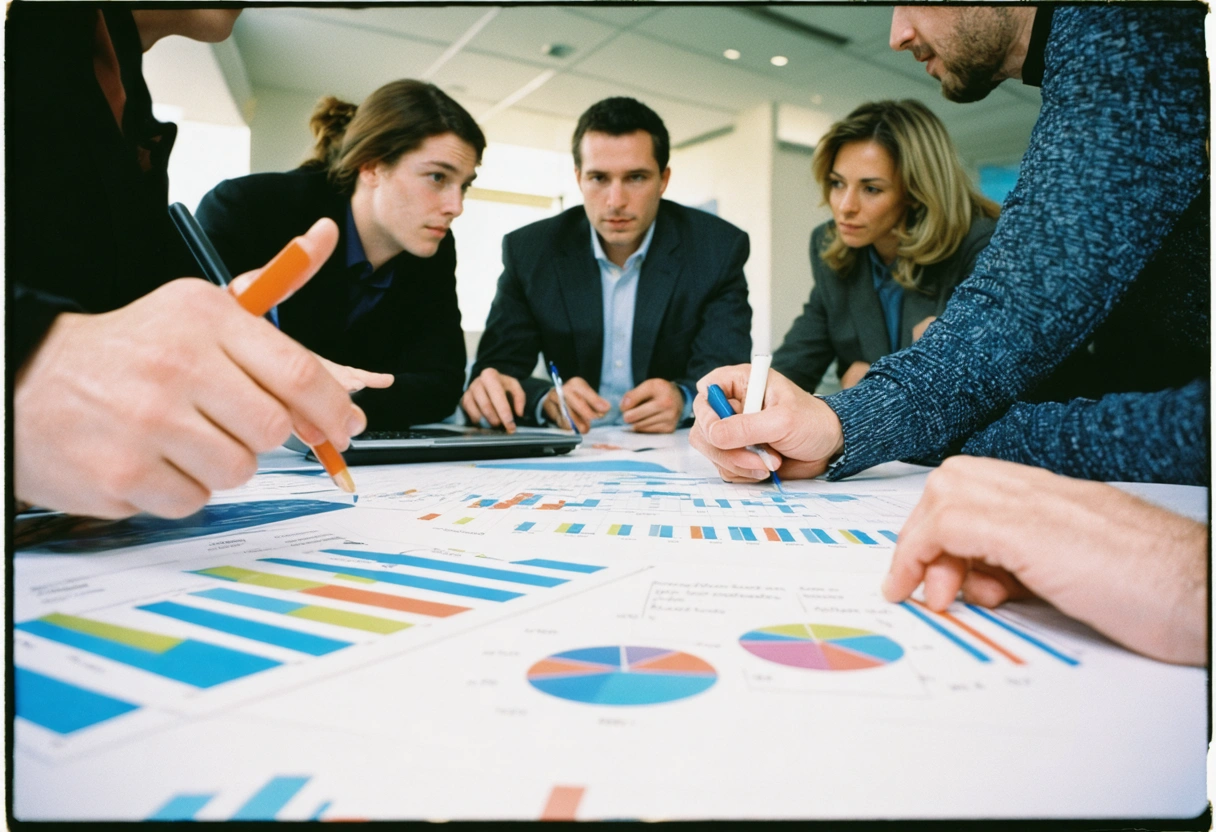 A business meeting discussing encryption challenges. Diverse group around a table with charts and a