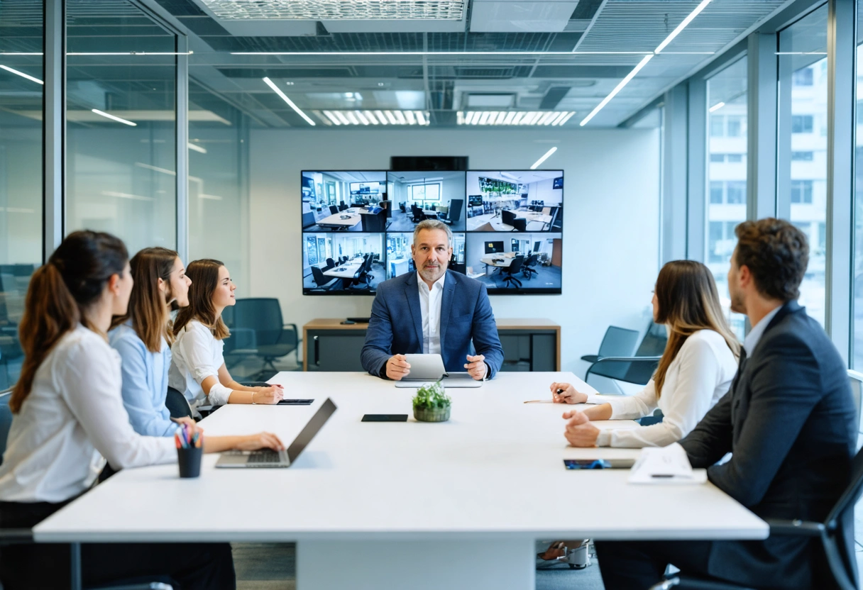Security dashboard displaying video analytics with motion detection, facial recognition, and people counting graphs