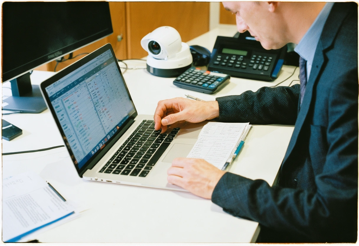 Manager analyzing surveillance footage and incident logs on a computer to assess camera coverage and clarity