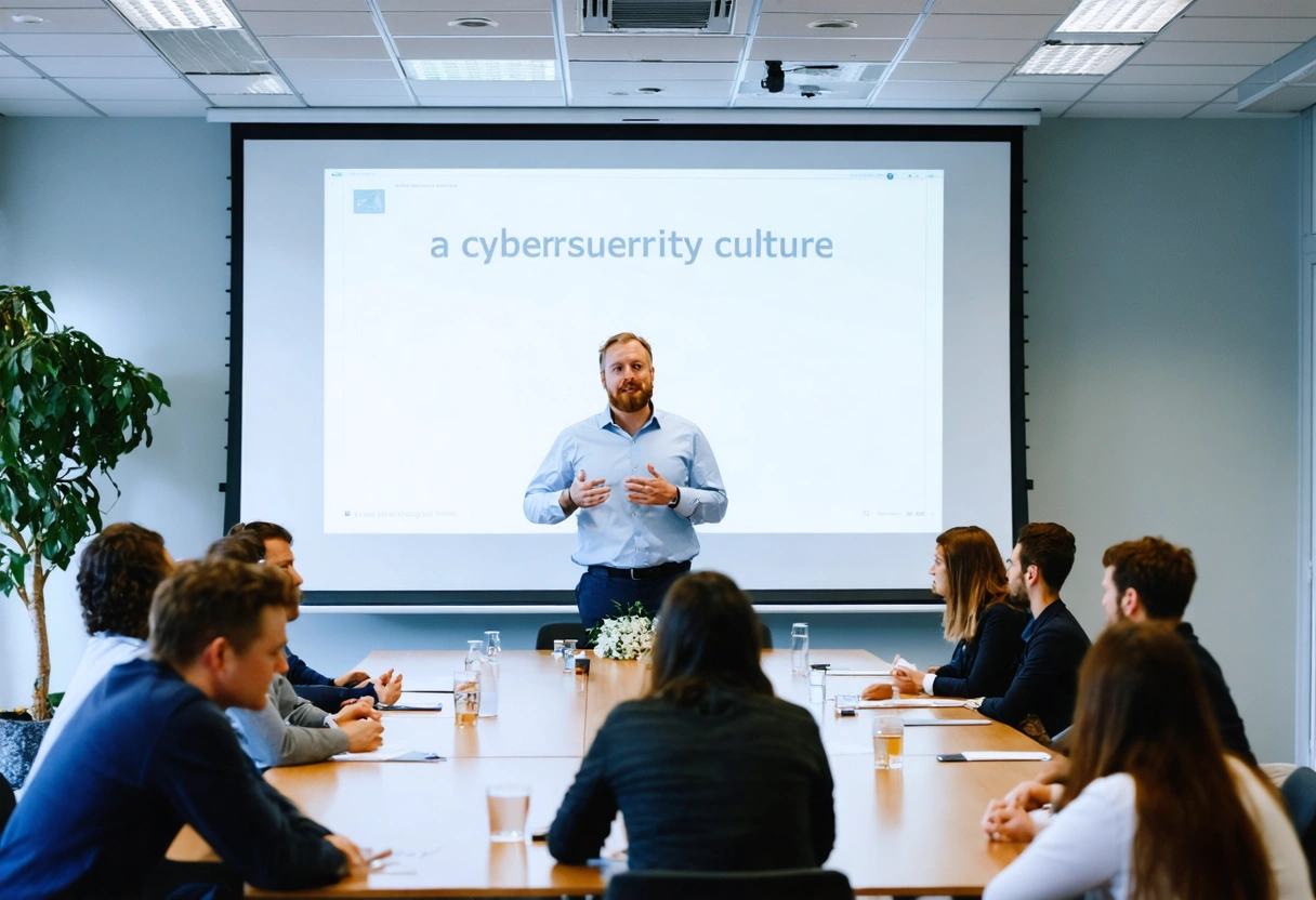 A company meeting room with a presentation on cybersecurity culture. Leader speaking to attentive employees.
