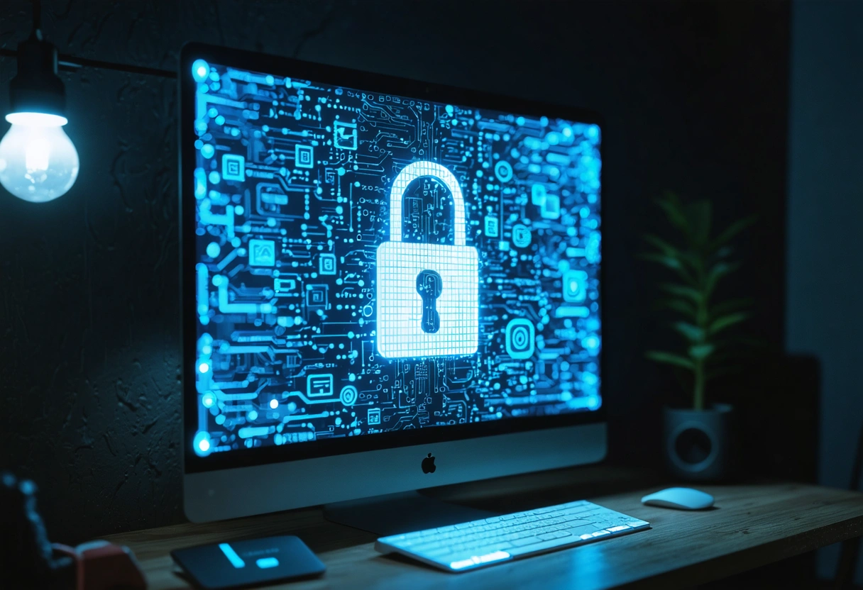 A computer screen displaying complex encryption algorithms with a padlock icon. Dimly lit room, focused