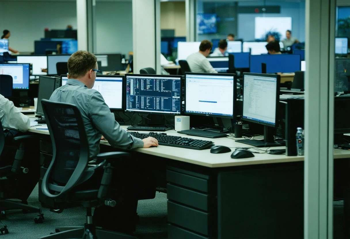 Corporate office with employees using security software, manager overseeing, highlighting IT security importance.
