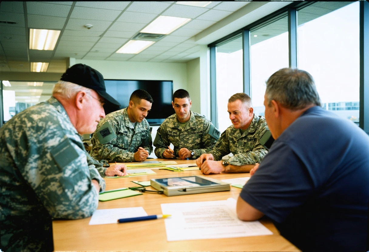 A diverse group of veterans in a modern office, engaging in a team-building activity. The