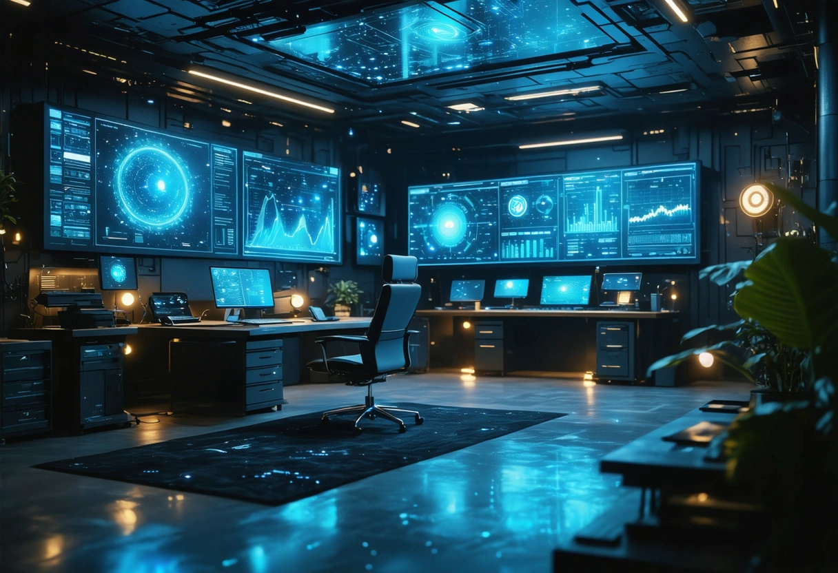 Futuristic office with AI-driven backup systems and holographic displays