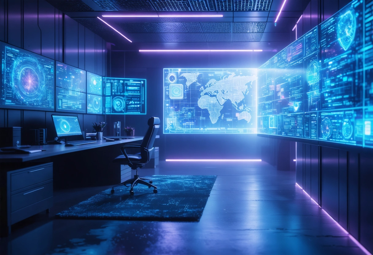 A futuristic office with holographic screens displaying encryption strategies. Wide-angle view, neon lighting, showing a