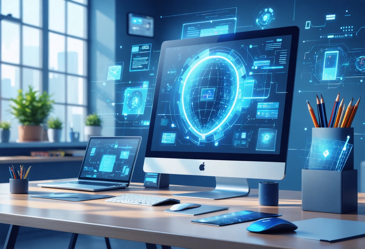 Modern office with smart devices, professional using digital dashboard for IT security insights.