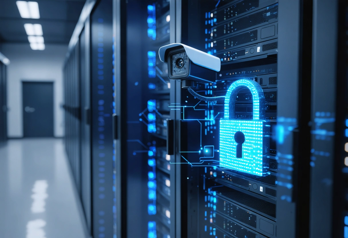 Person cleaning a surveillance camera lens and checking recording equipment in a server room