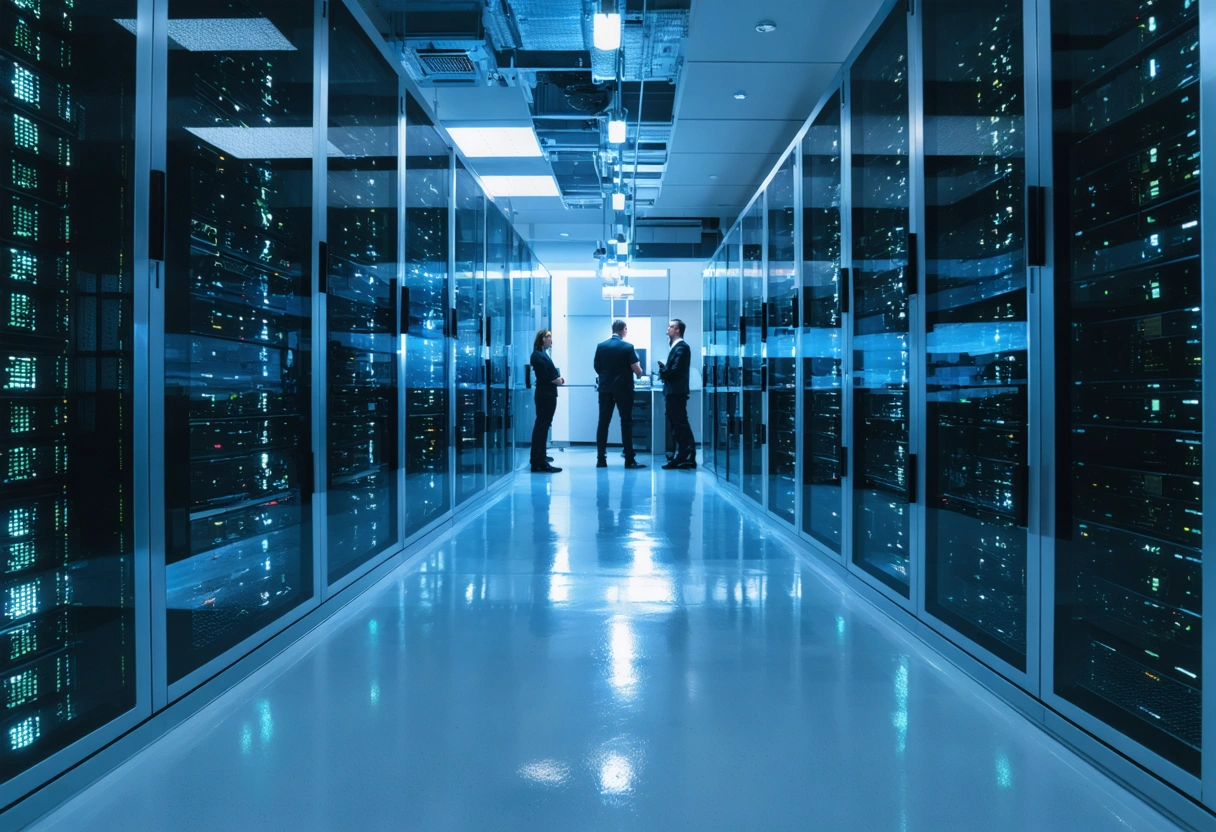 A small business office with a secure server room in the background. Bright lighting, showing