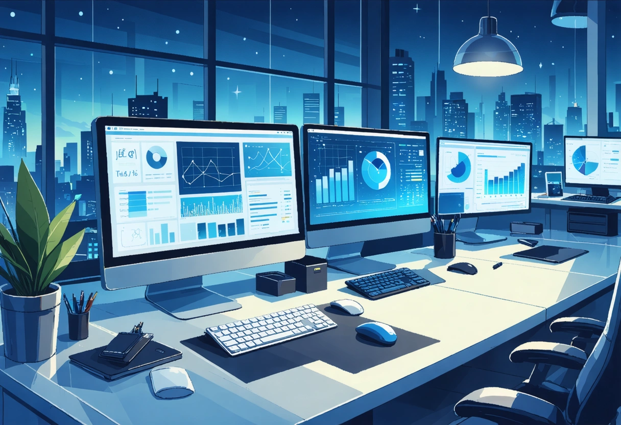 Small business office with cybersecurity alerts on screens; employees discussing strategies in a bright setting.