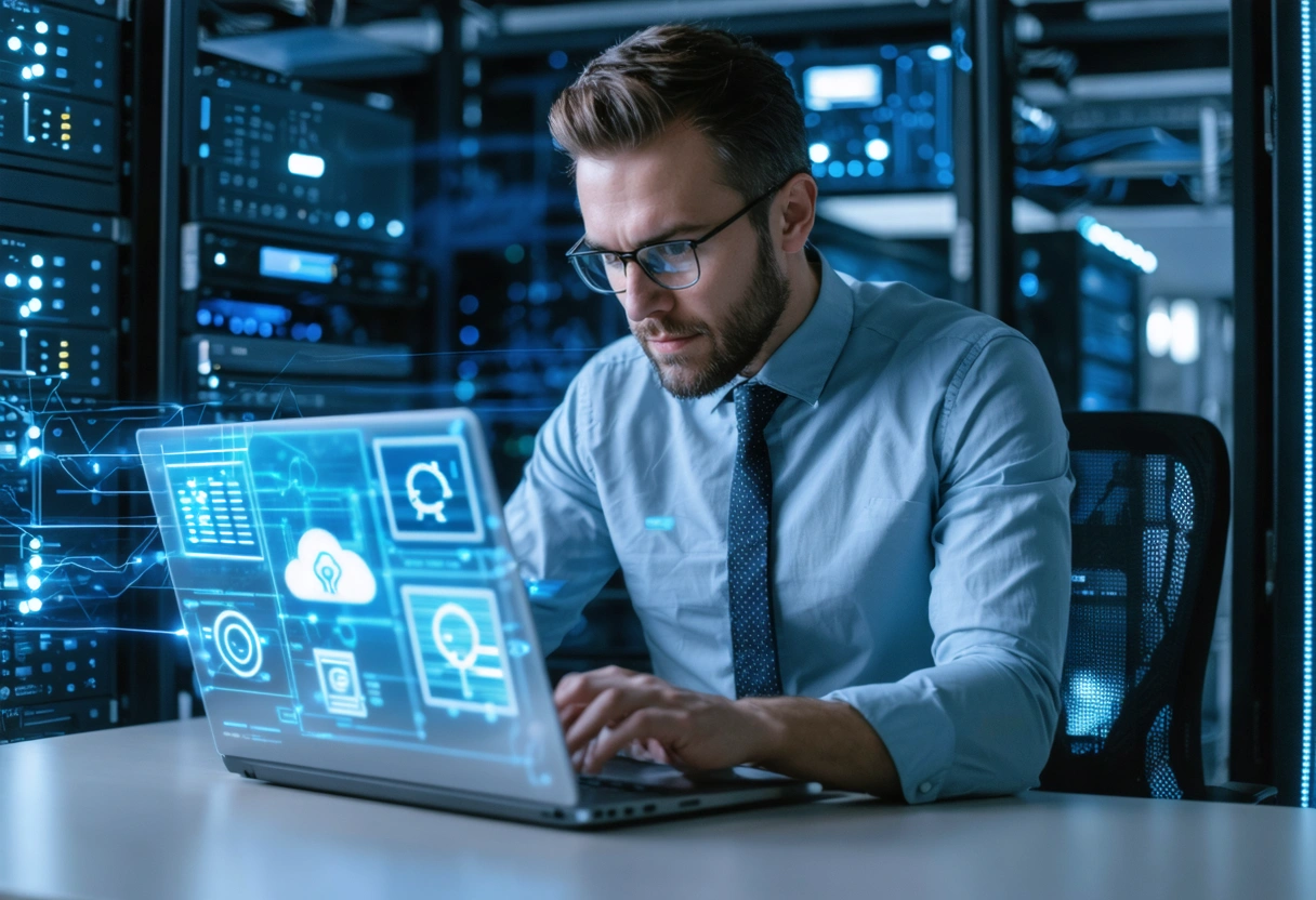 Small business owner reviewing cloud backup dashboard on laptop, surrounded by secure servers.