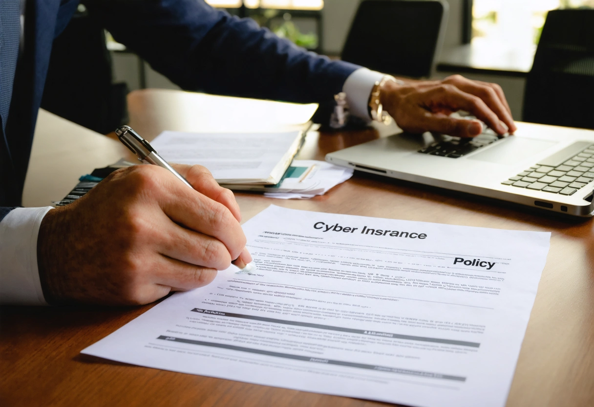 A small business owner reviewing a cyber insurance policy document at a desk. Papers and