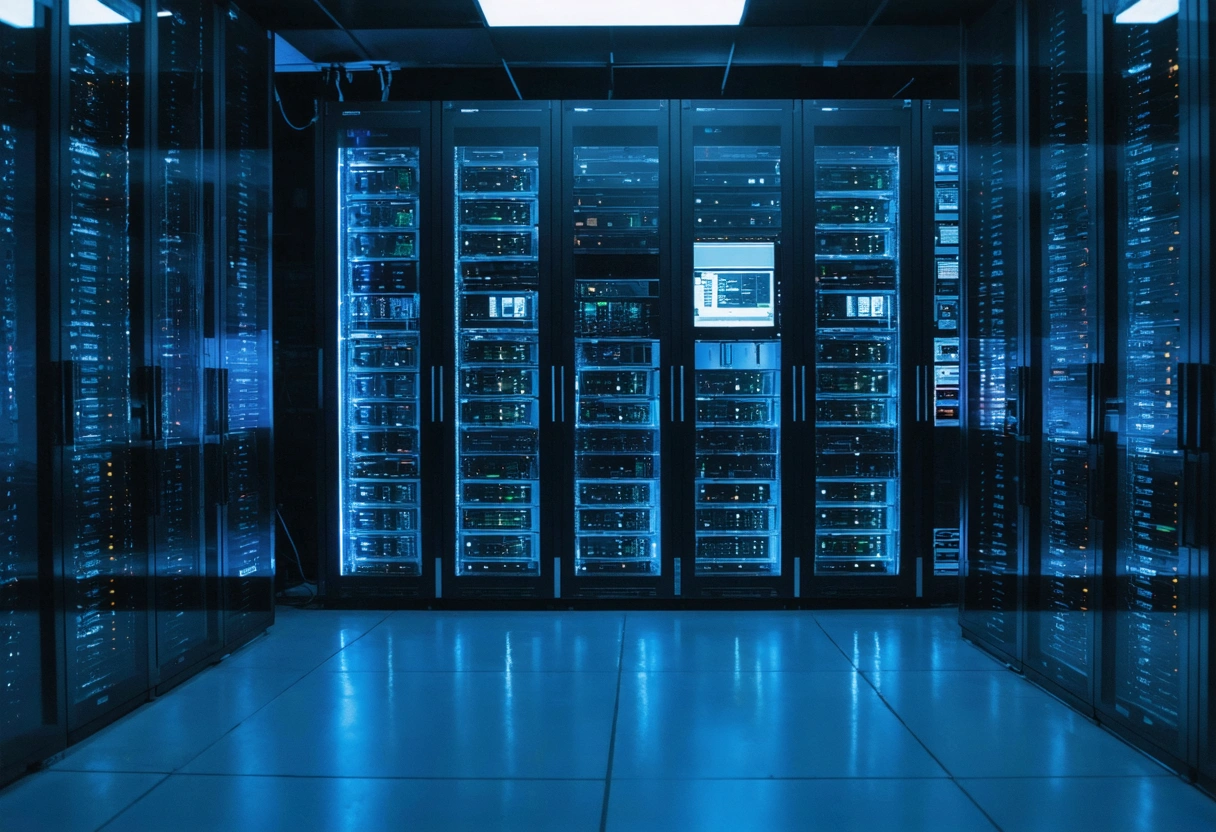 A small business server room with firewalls and antivirus software screens. IT professional monitoring systems.