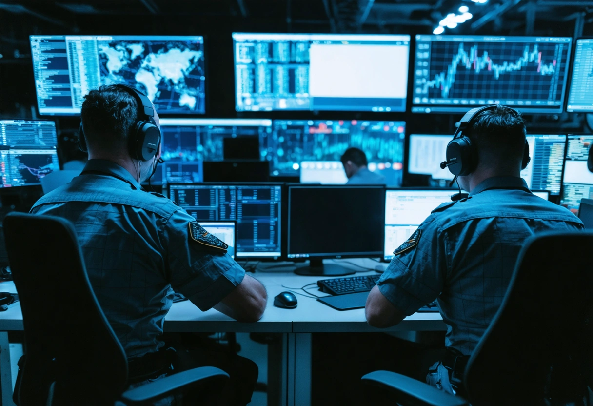 A veteran-led team in a tech room, isolating affected systems during a data breach. Multiple