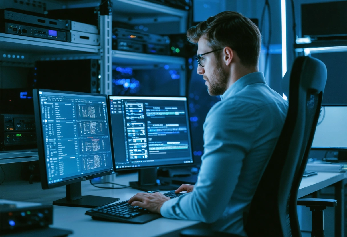 IT specialist setting up automated backup schedules on computer screen
