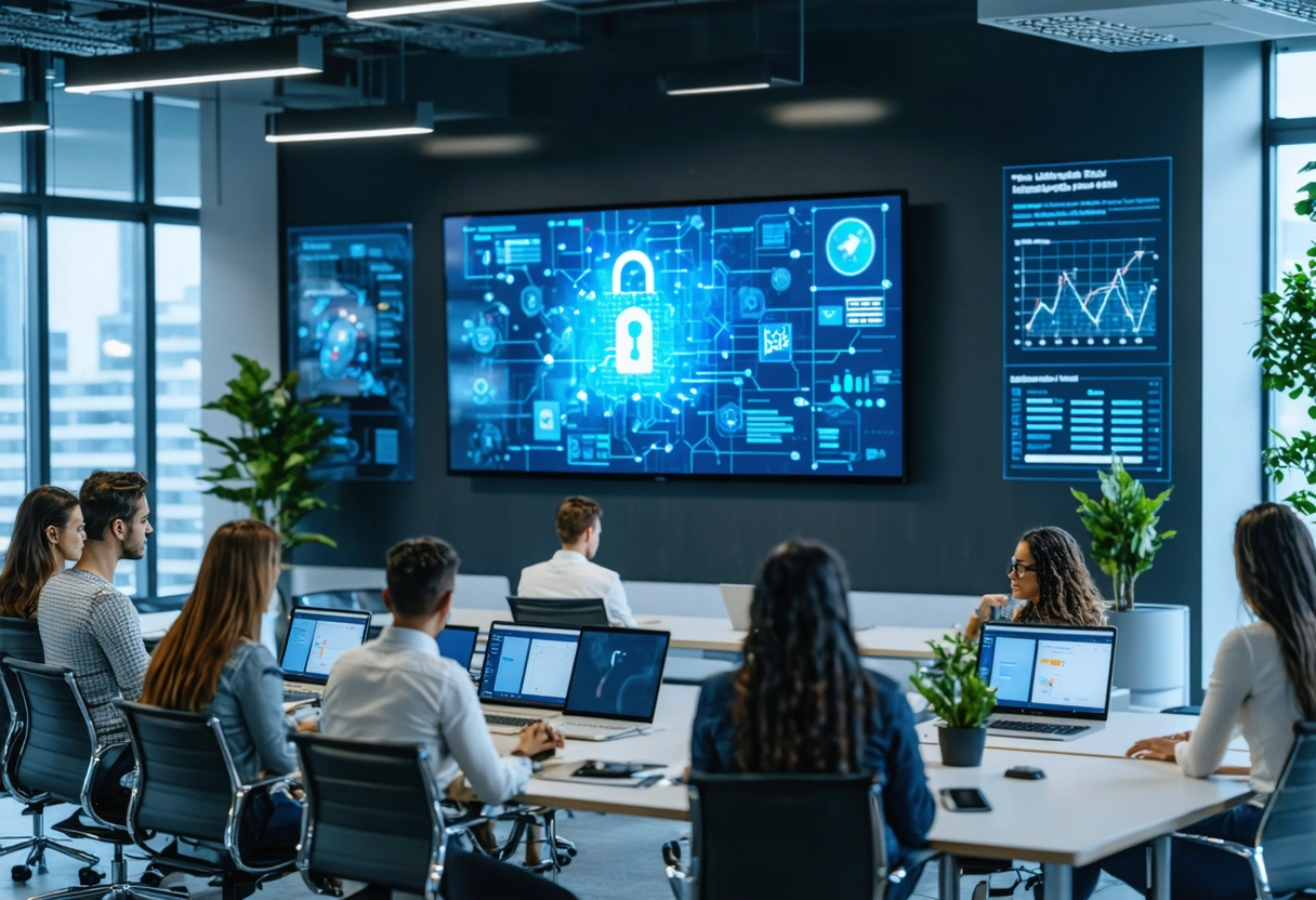 Close-up of a secure server room with advanced technology