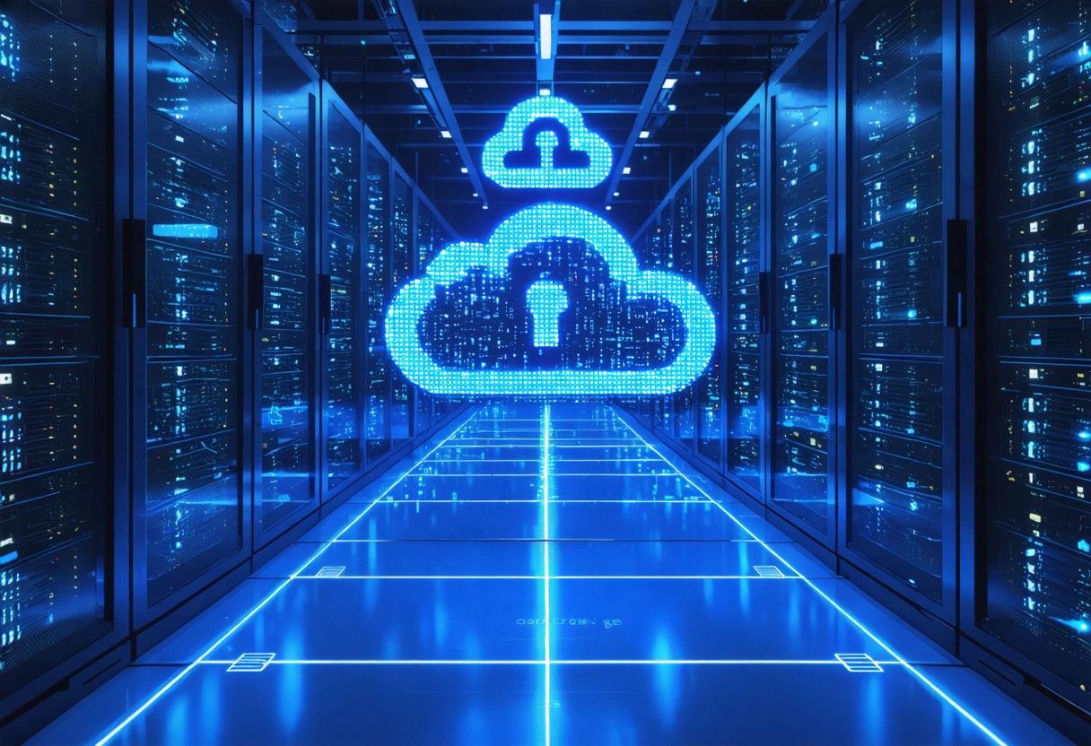 Cloud servers with encryption symbols in secure data center
