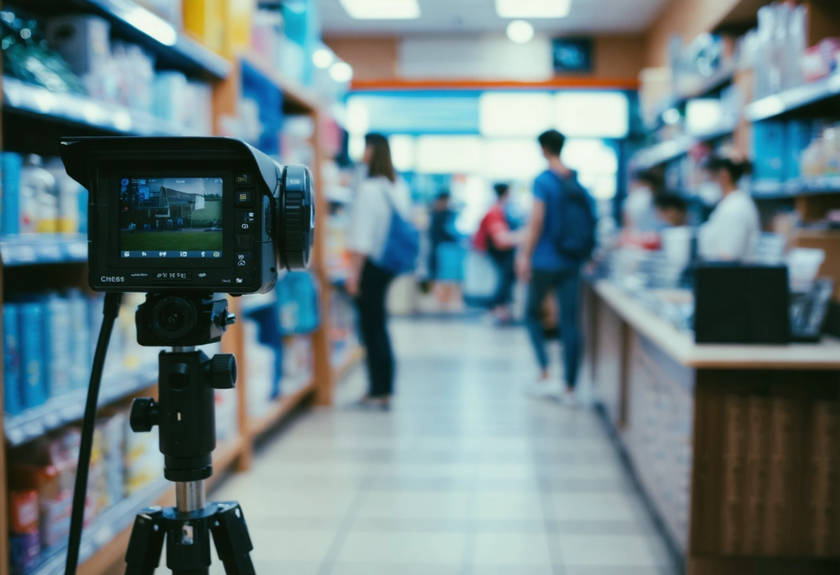 Small business owner reviewing video surveillance footage on a monitor in an office setting