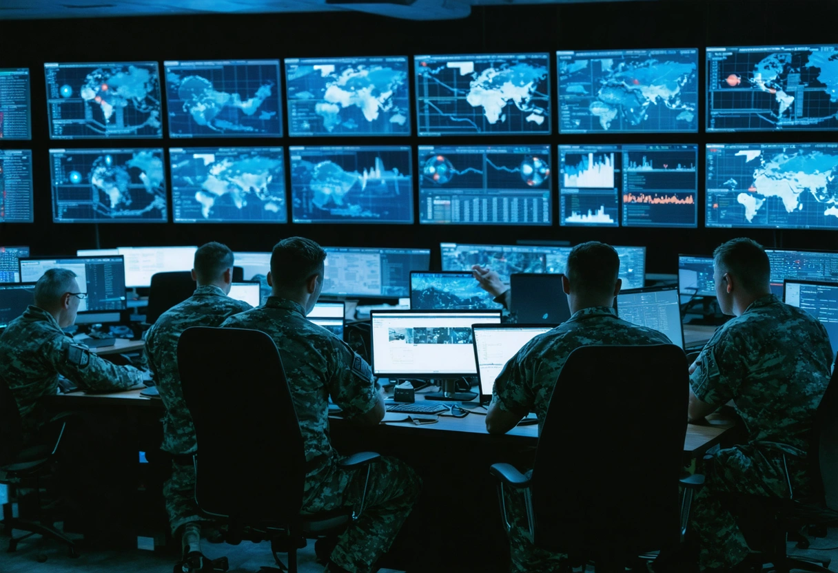 Veterans analyzing threat intelligence data on multiple screens in a dimly lit room. The atmosphere