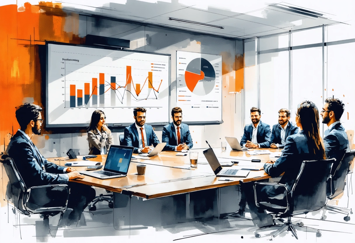 Veterans conducting a post-incident analysis in a conference room. Charts and graphs on a screen.