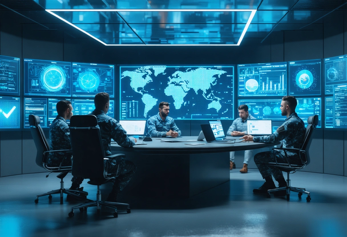 Veterans in a cybersecurity office, strategizing around a table. The setting is modern, with digital