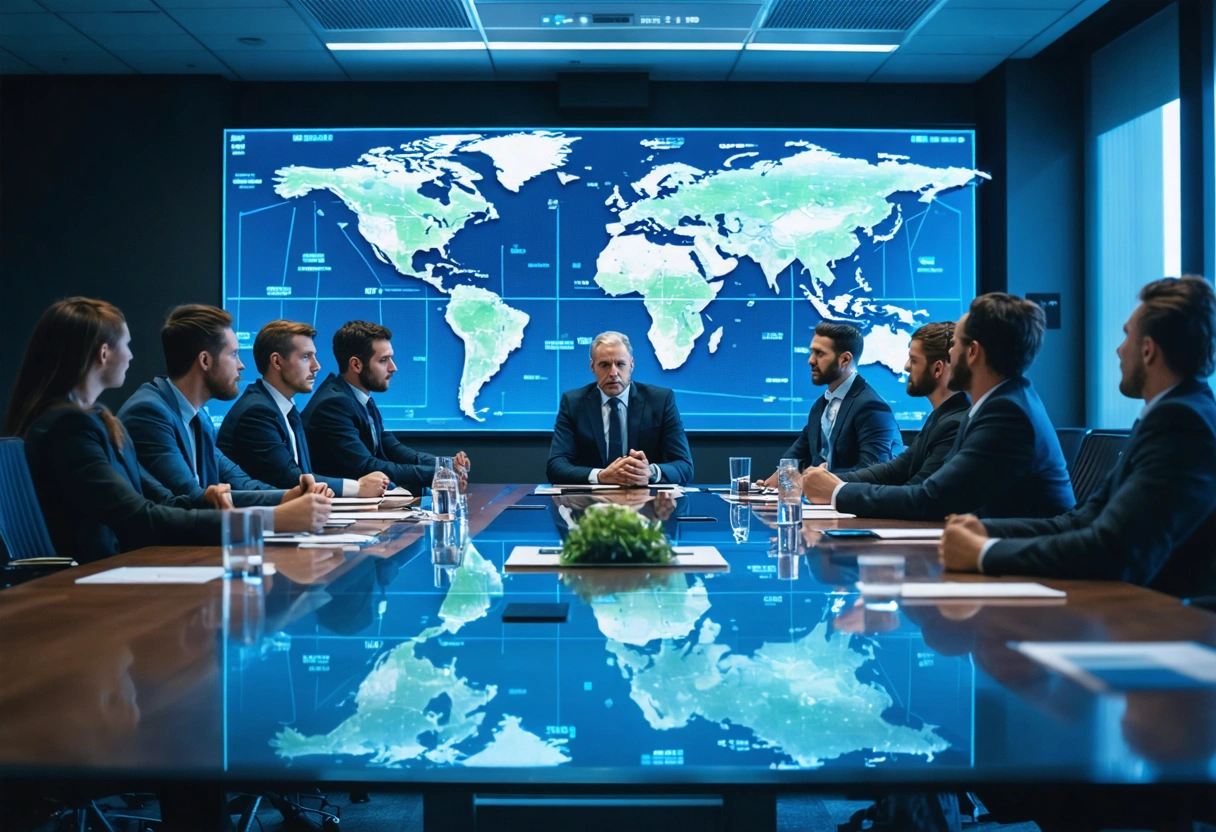 Executives reviewing network infrastructure plans on a digital board