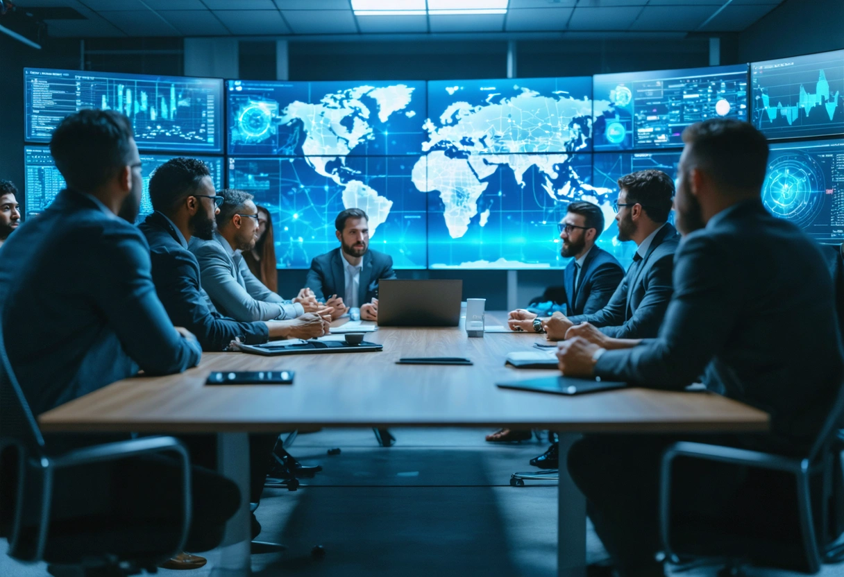 Meeting room with diverse professionals discussing cybersecurity strategies