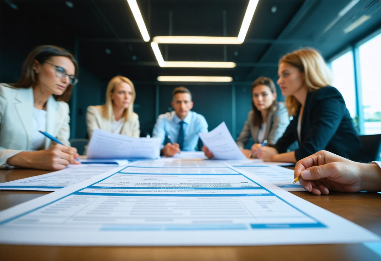 Team reviewing compliance documents in conference room