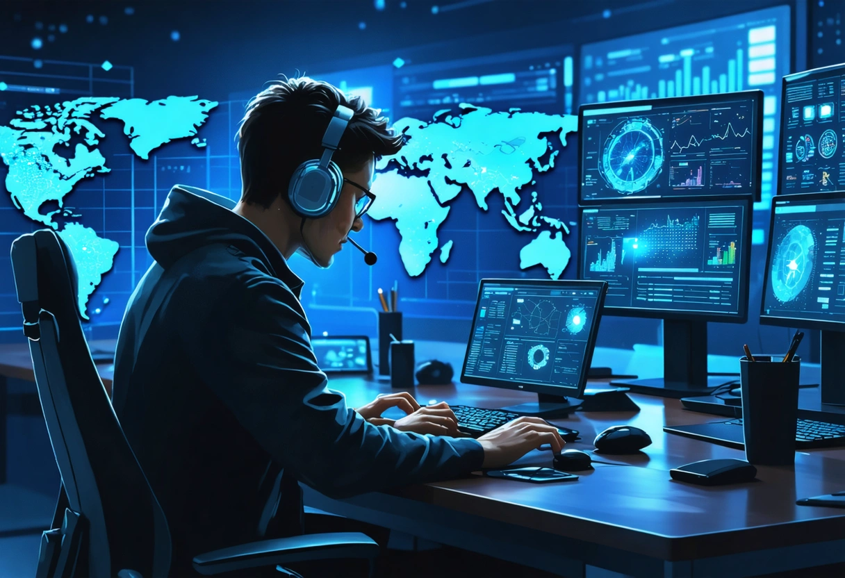 Cybersecurity analyst monitoring AI-driven threat detection alerts on digital dashboard in dimly lit room.