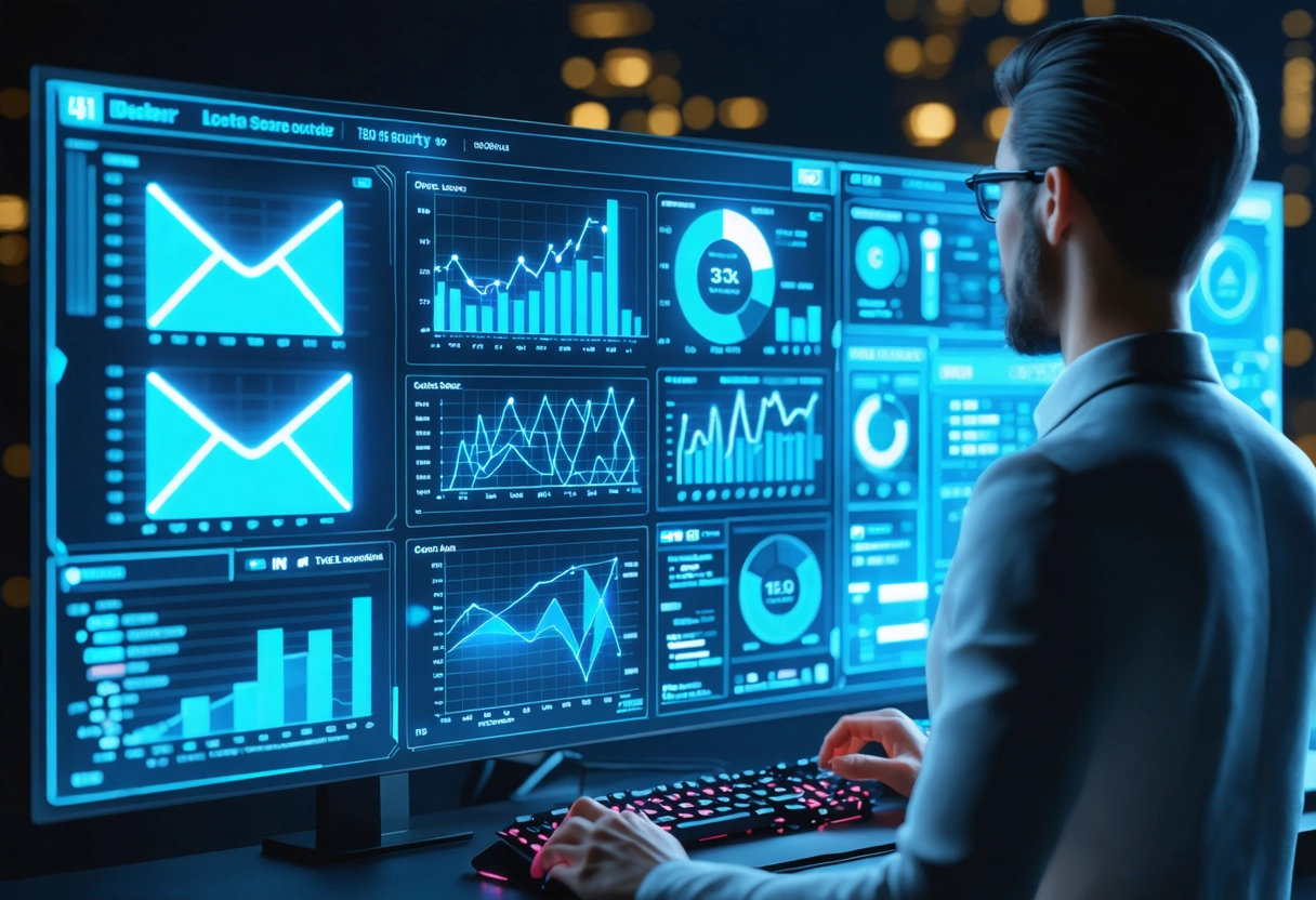 Person analyzing email security statistics on digital dashboard