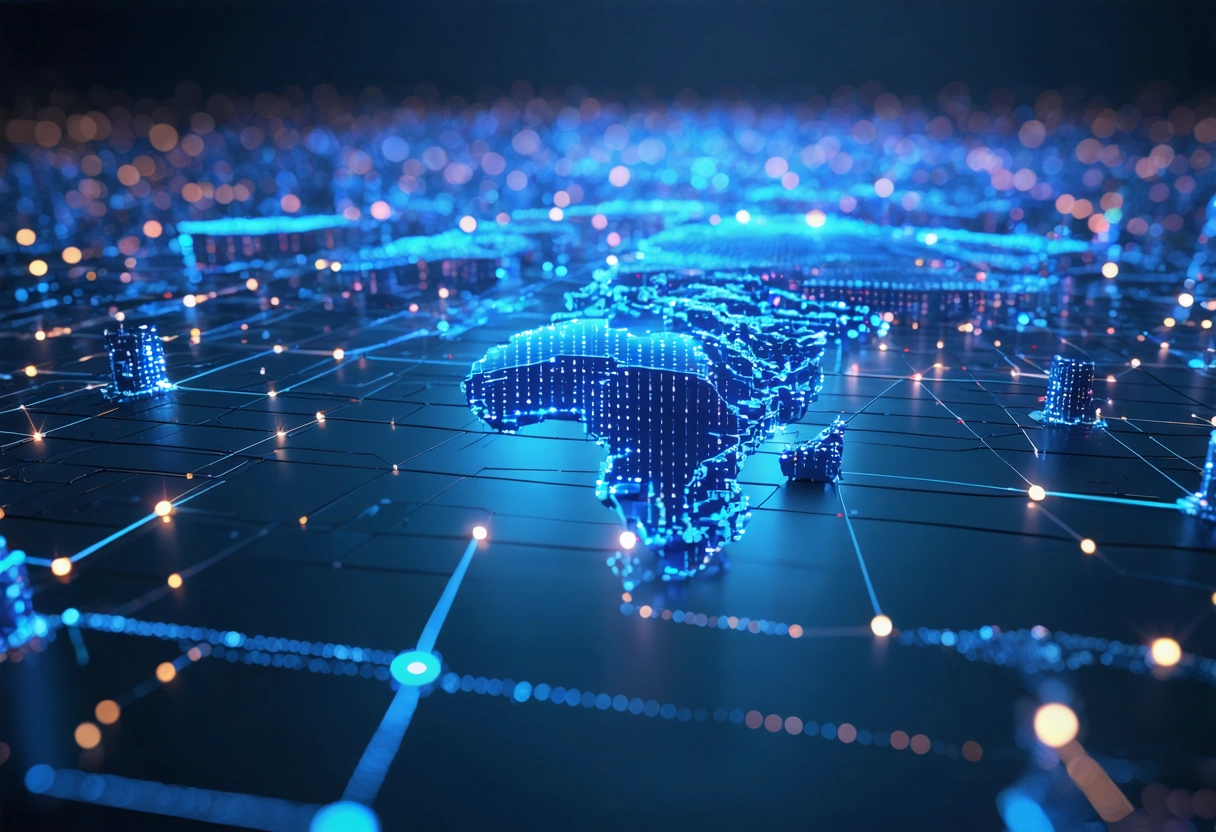 "Digital landscape with interconnected networks and data streams, illustrating 2025 cyber threat complexities."