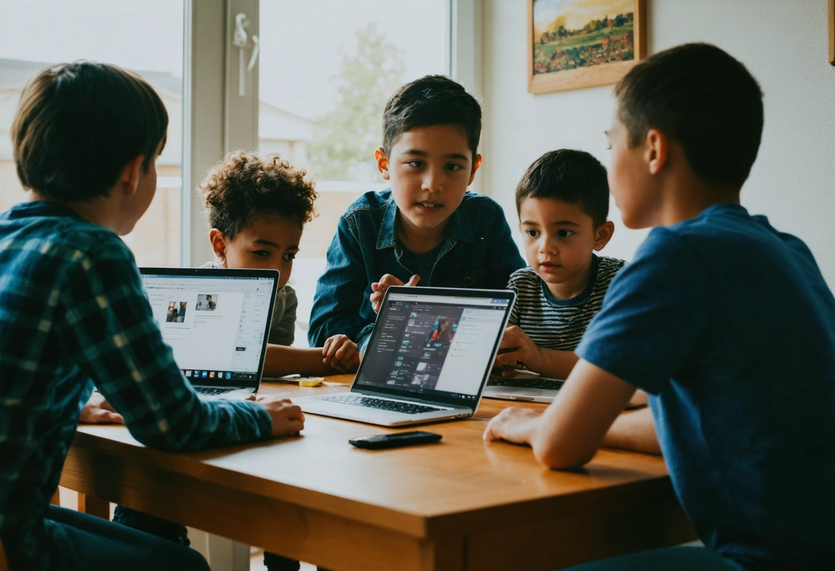 Family discussing cybersecurity around table with open laptops