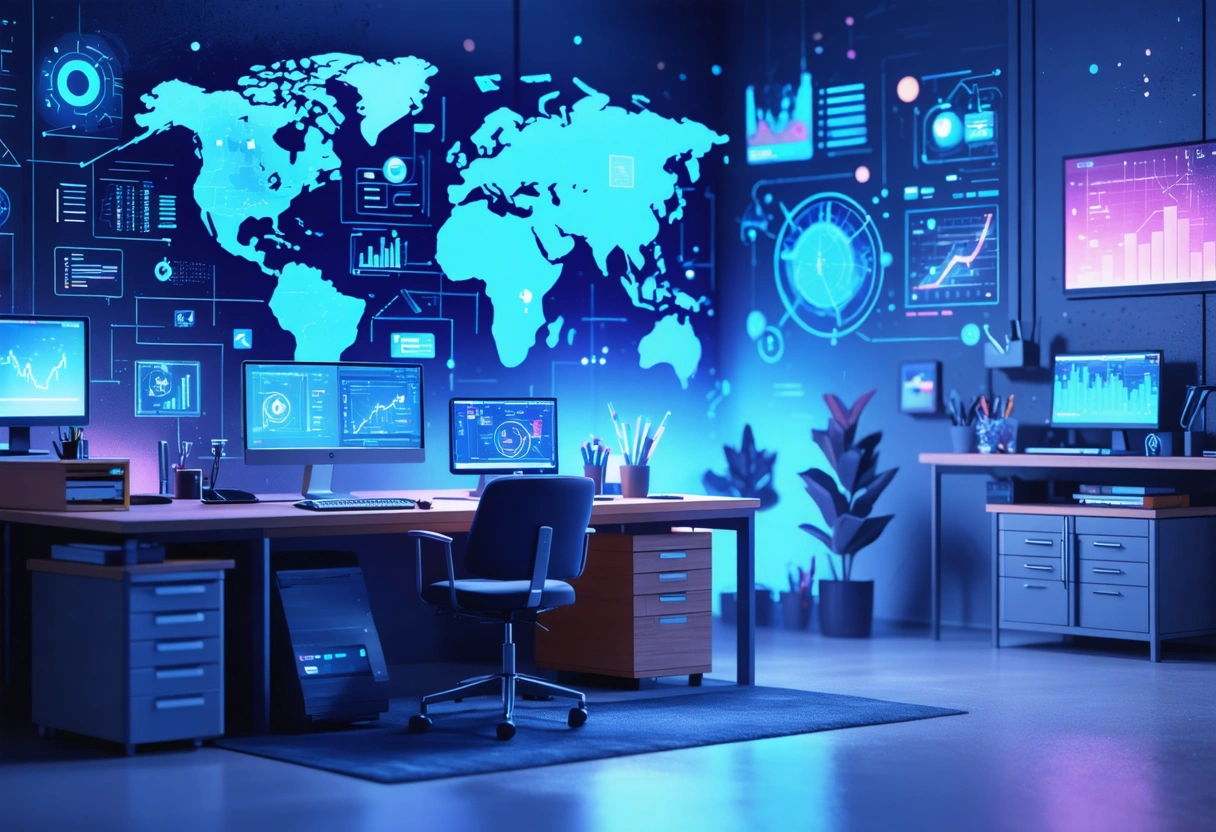 Futuristic office with digital dashboard showing cybersecurity metrics