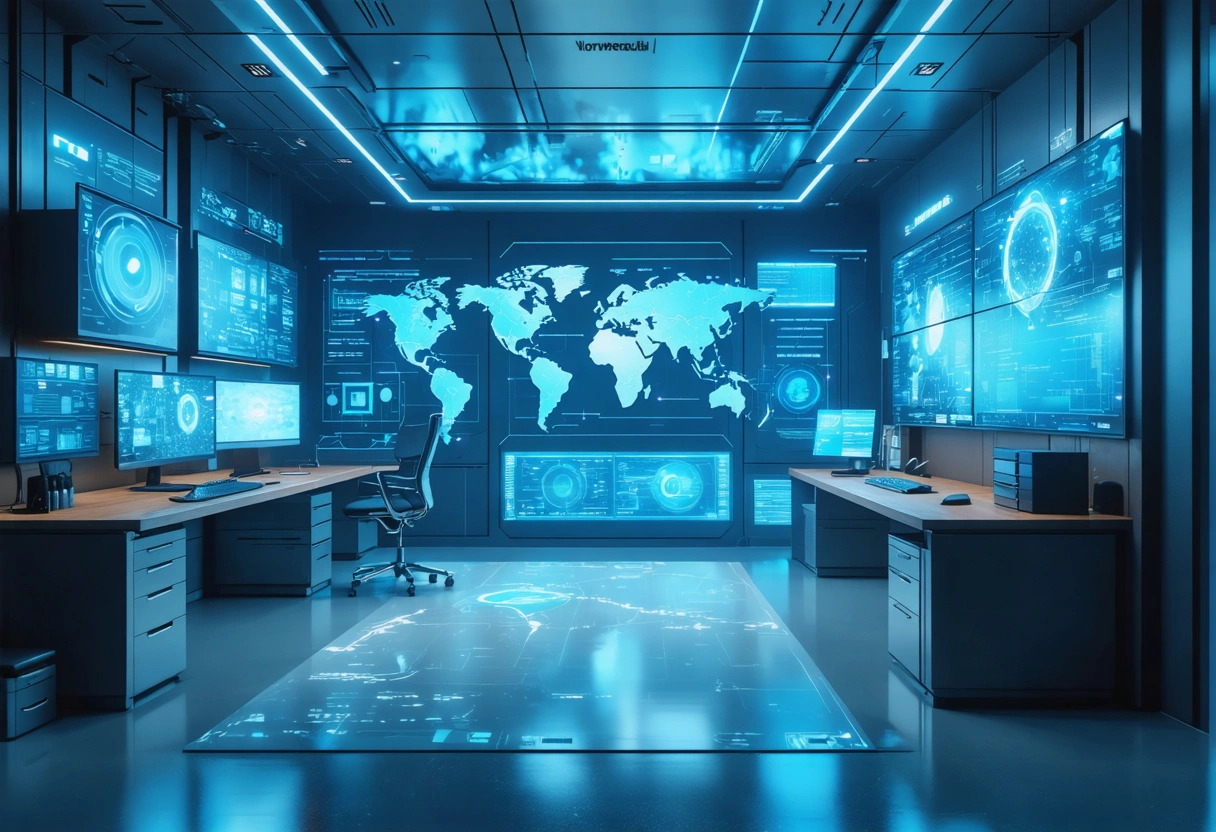 Futuristic office with holographic threat detection technology displays