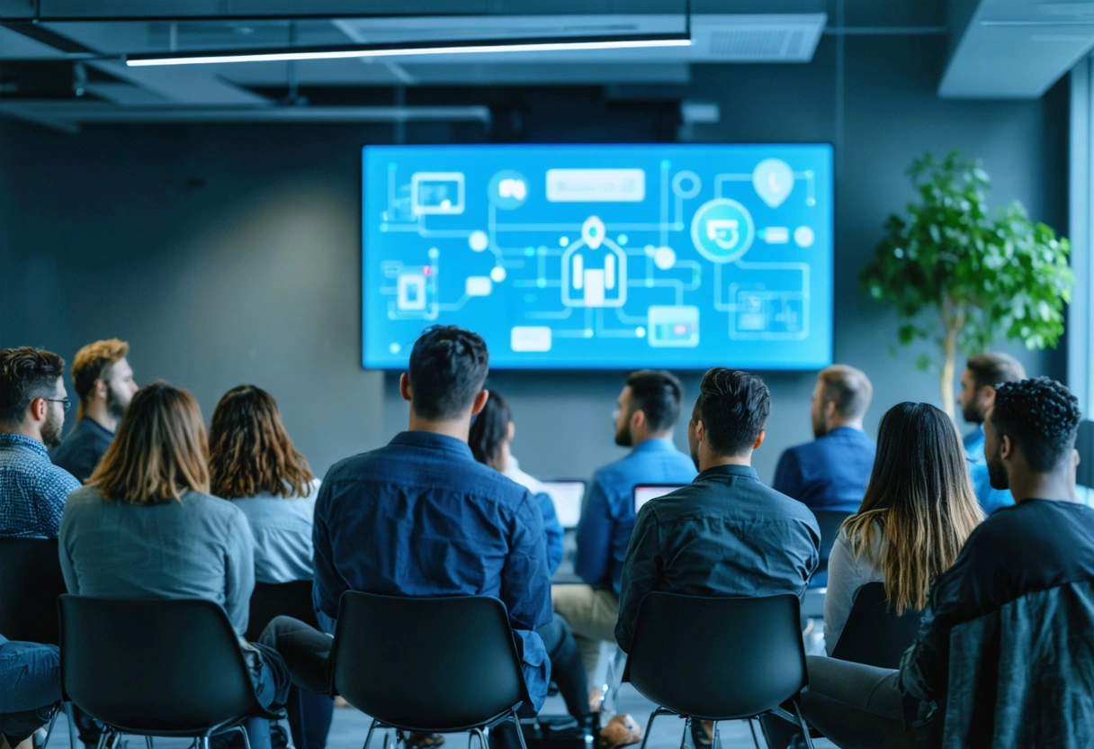 Diverse employees engaged in cybersecurity training session in a modern, well-lit office setting.