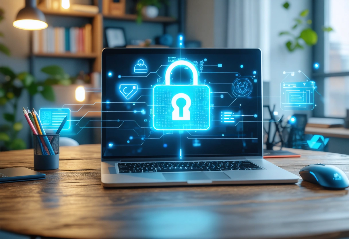 Remote worker using secure laptop, digital security icons overlay
