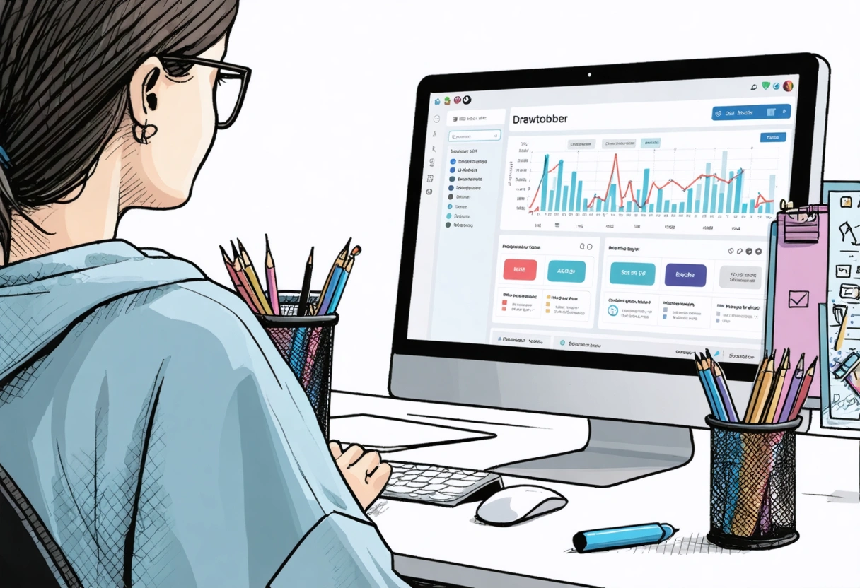 Home office with cybersecurity dashboard on computer, person focused on screen, well-lit environment.