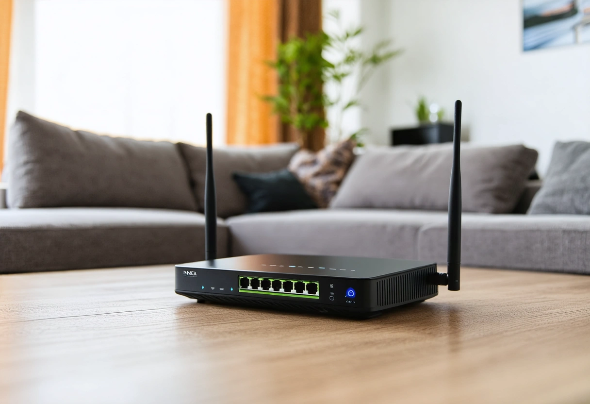 Cozy living room with a router and connected devices for secure networking