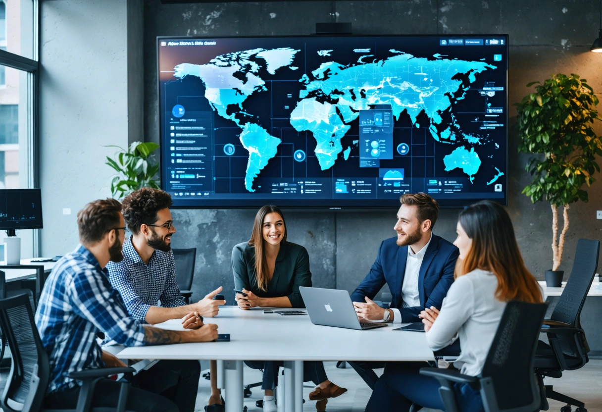 Tech experts discussing networking technologies with a digital presentation