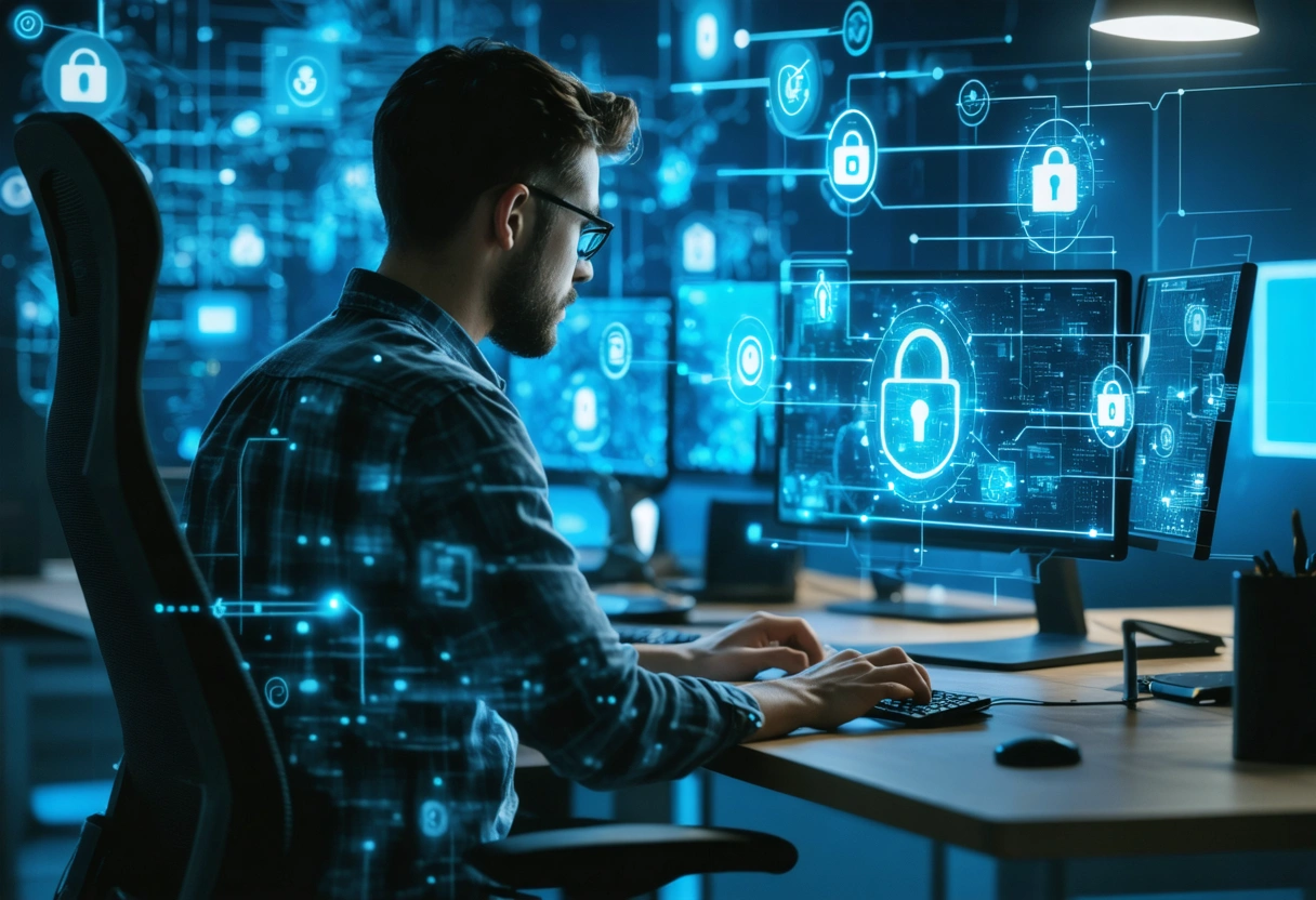 Remote worker at desk with devices, digital security icons highlighting cybersecurity threats.