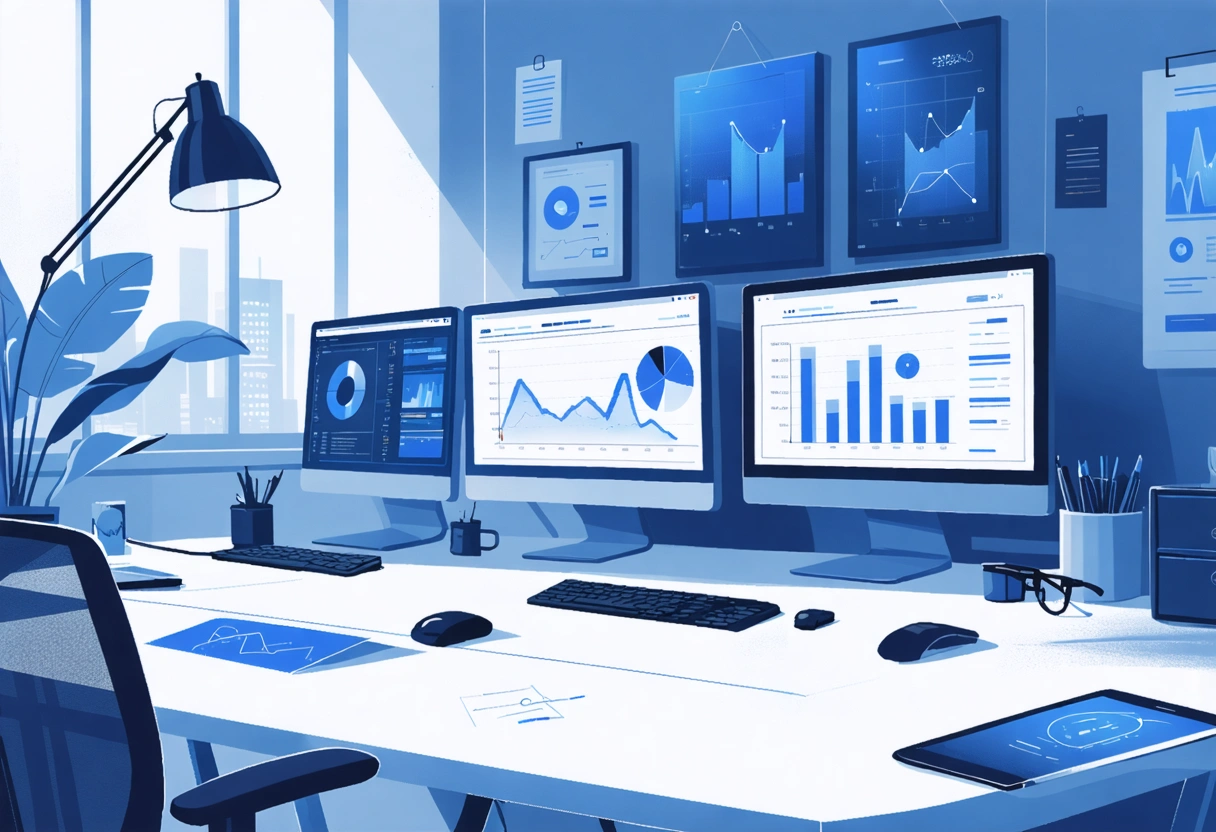 IT professionals managing network systems in a well-lit office, showcasing graphs and data.